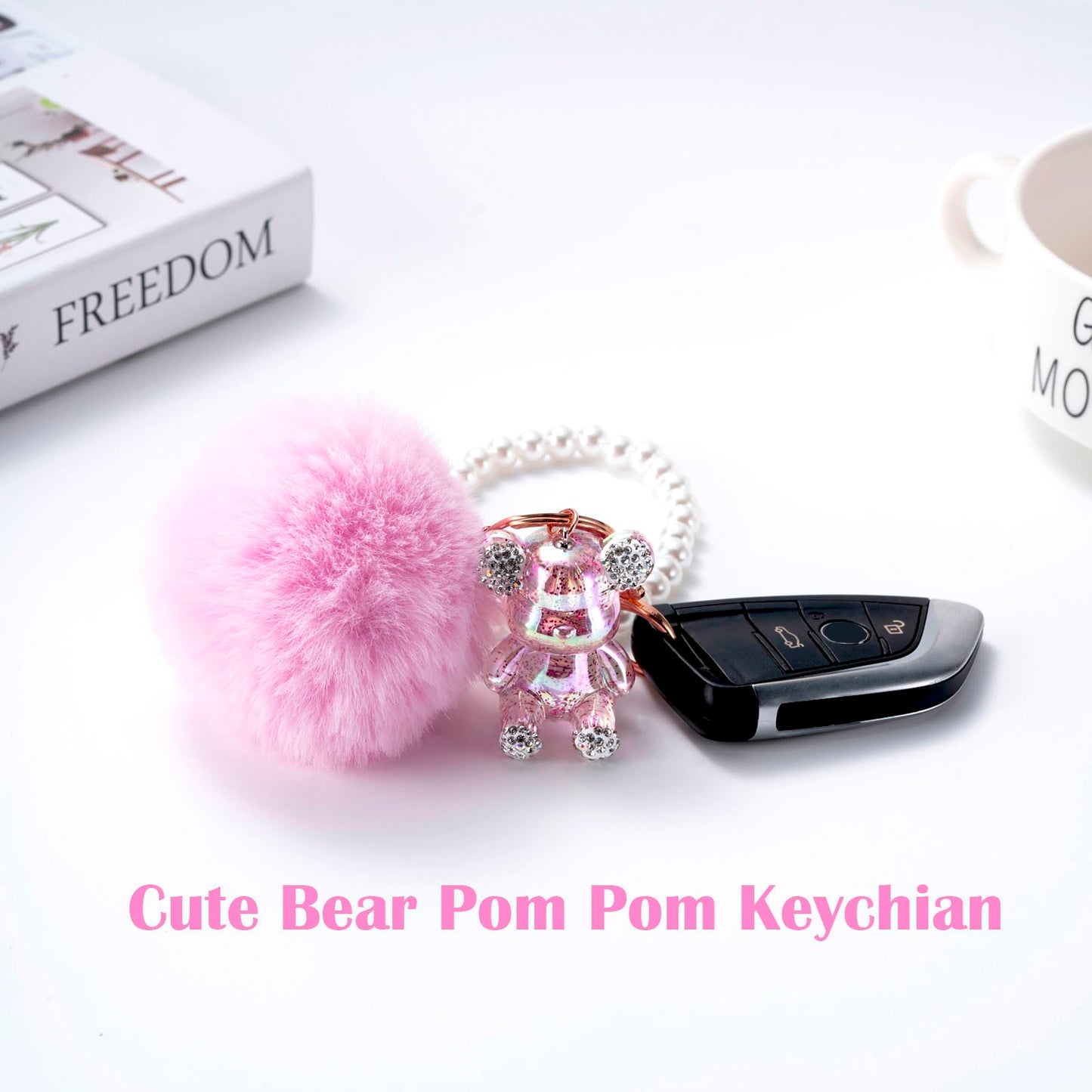 YOU WIZV Cute Pink Bear Keychain for Women with Puff Ball Purse Charms, Girls Bling Key Chains for Car Keys, Backpack, Purse Accessories, Pink Pom Pom Keychain