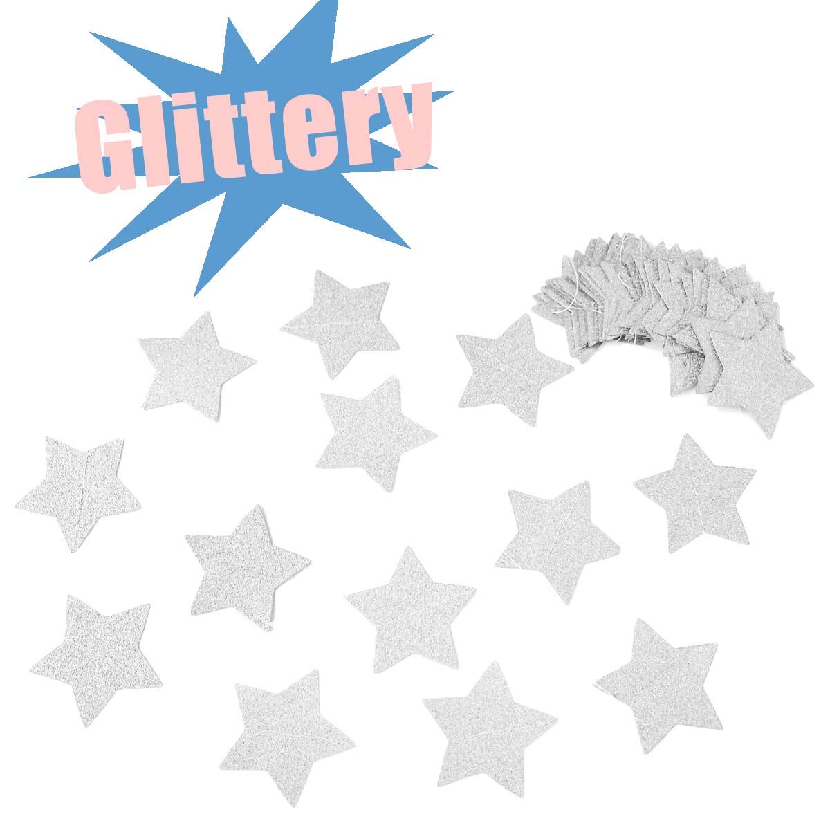 6 Pcs Glitter Silver Star Paper Garland Christmas Birthday Party Decorations Sparkling Bunting Banner Hanging Decorations for Bridal Shower Baby Shower Bachelorette Party Wedding Holiday (50 Feet)