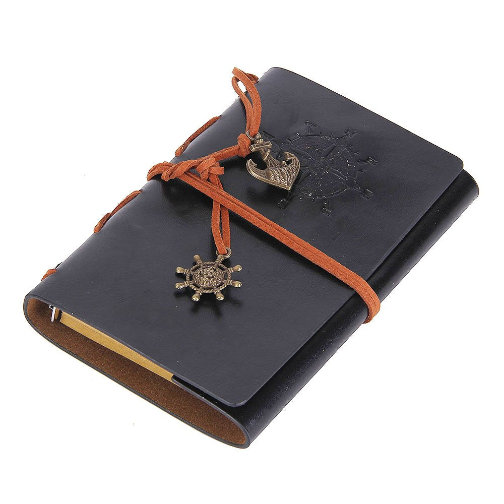 EvZ Black Leather Writing Journal - 5" Refillable Vintage Nautical Notebook with Retro Anchor & Rudder Pendants - Small Spiral Blank Sketchbook for Travel, Business & Art - Classic Embossed Diary, Black