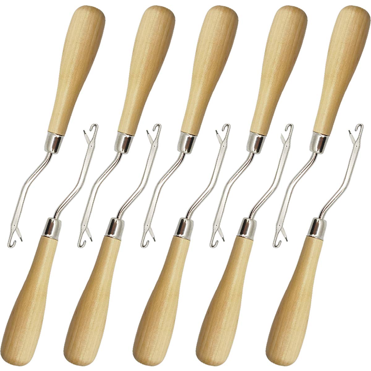 ROYHOO 10PCS Wooden Bent Latch Hook Tool Knitting Tool Needle Hook with Wood Handle for Crafts Carpet
