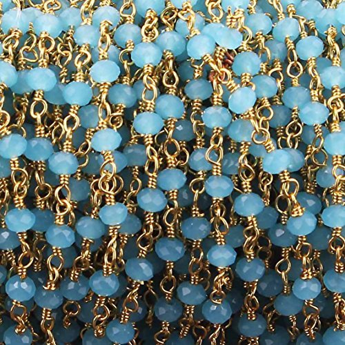 10 FEET Blue Aqua Chalcedony 3mm-4mm Rosary Style Beaded Chain - Chalcedony Beads 24k Gold Plated Wire Wrapped Chain