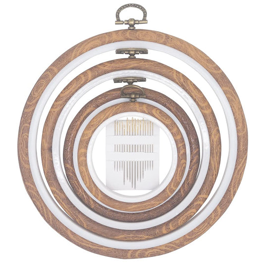 4 Pieces Embroidery Hoop Ring Plastic Cross Stitch Hoops Set Imitated Wood Display Frame Circle and Oval Embroidery Kits for Art Craft Sewing and Hanging,With 16pcs Gold Eye Sewing Needles