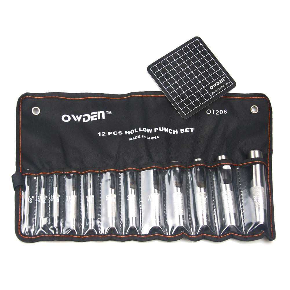 OWDEN 12Piece Leather Hole Punch Set with a Free Cutting mat,Leather Tool,Hollow Punch Set, Round Hole Punch Set,for Cutting of Soft Material