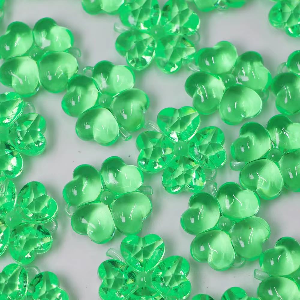 Acrylic Shamrocks St Patricks Day Decorations, 65pcs Mini Green Clear Crystal Clover Vase Filler Ornaments for Table Centerpieces DIY Crafts