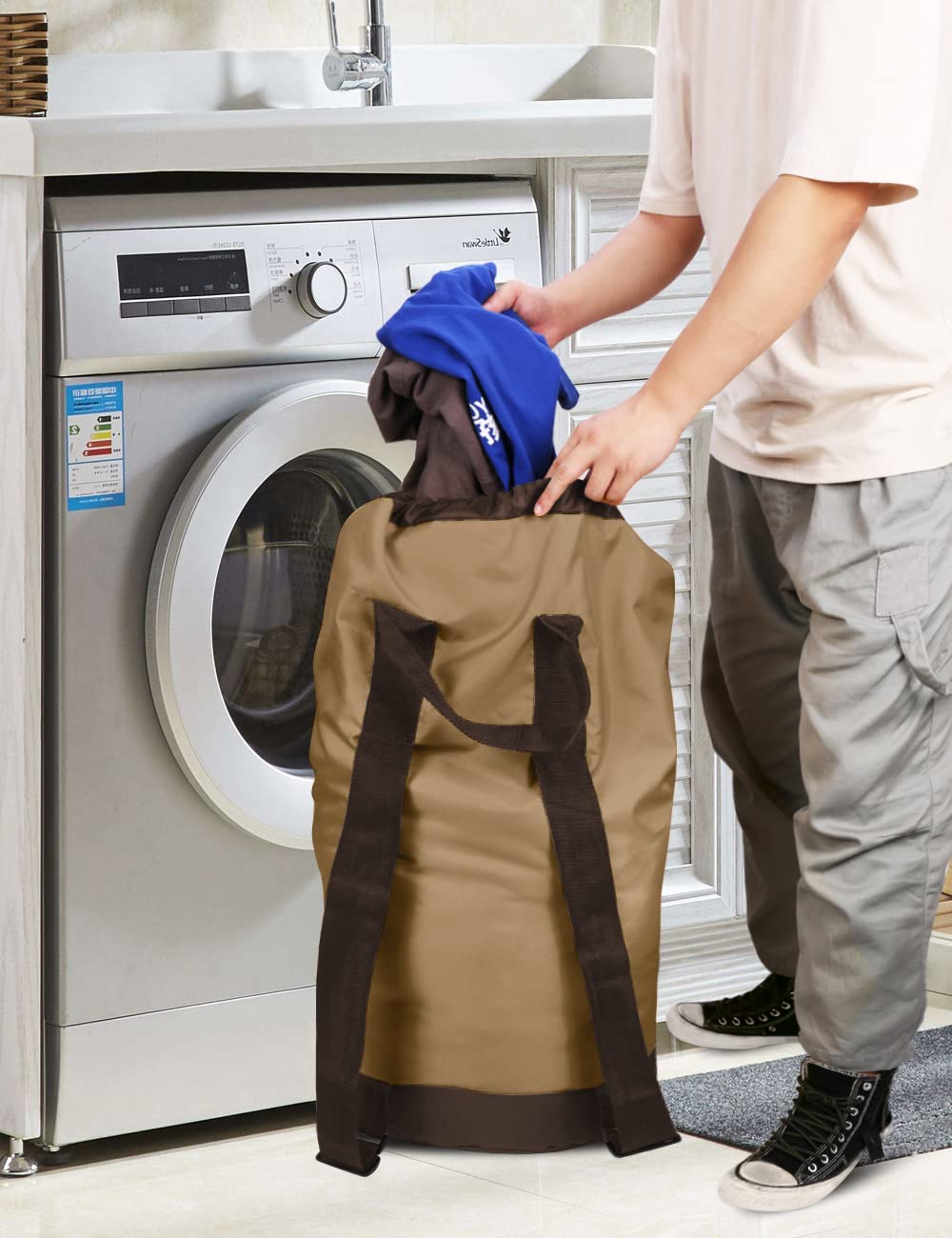 Backpack Laundry Bag, Laundry Backpack with Shoulder Straps and Mesh Pocket Durable Nylon Clothes Hamper Bag with Drawstring Closure for College, Travel, Laundromat, Apartment