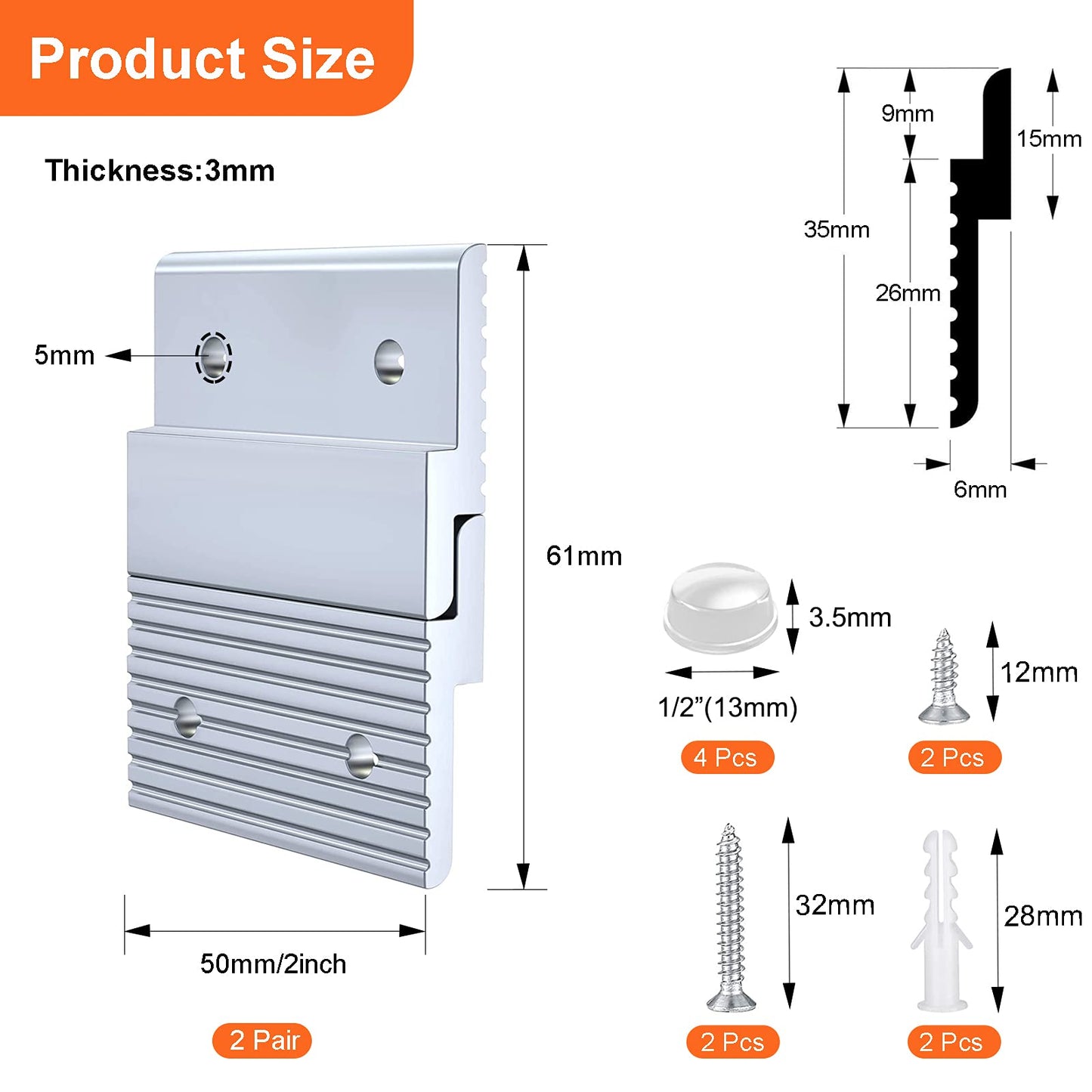 2 inch French Cleat Picture Hanger, Aluminum Mirror Hanging Kit with Hardware, Ideal for Artwork, Whiteboard, Cabinet, Holds 30 lbs. per Pair, 2 Pairs
