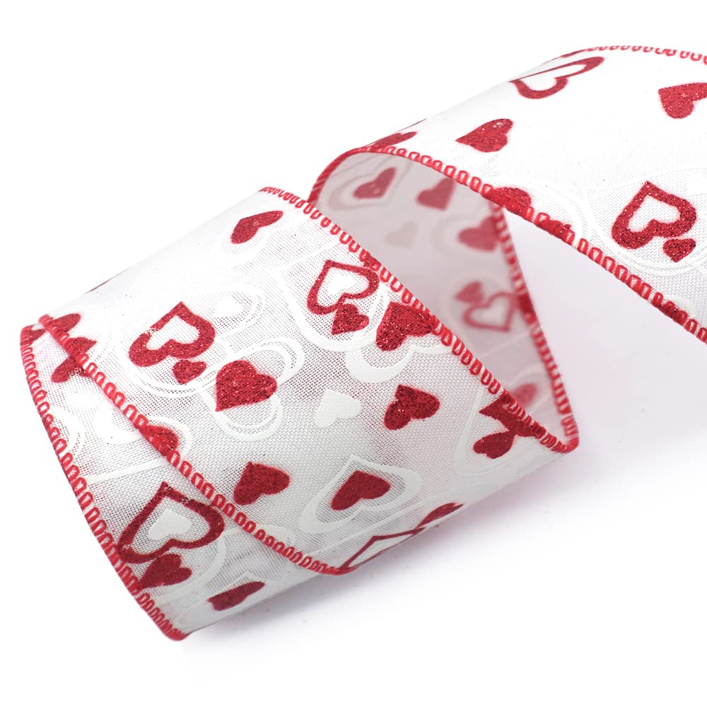 Valentines Fabric Ribbons, White Love Heart Edge Wired Burlap Ribbon for Valentine's Day Hanging Wrapping Party Gift Decoration Indoor Outdoor Tree Crafts Supplies (2.5 Inch * 10 Yards * 1 Roll)