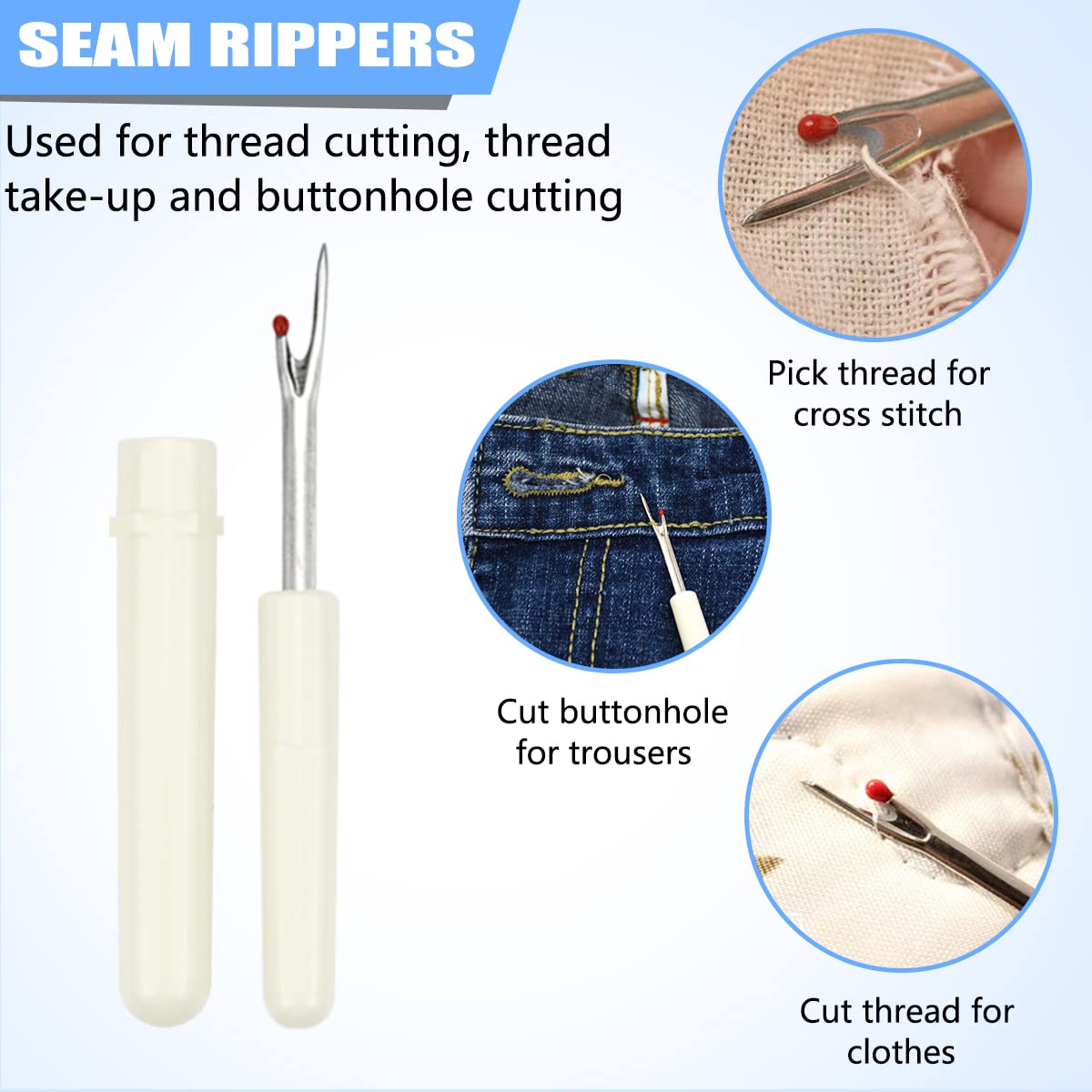 Needle Threader for Hand Sewing & Sewing Machine - 10 Simple Needle Threaders for Embroidery Floss + 2 Seam Rippers + 2 Drawstring Threaders + 5 Needles
