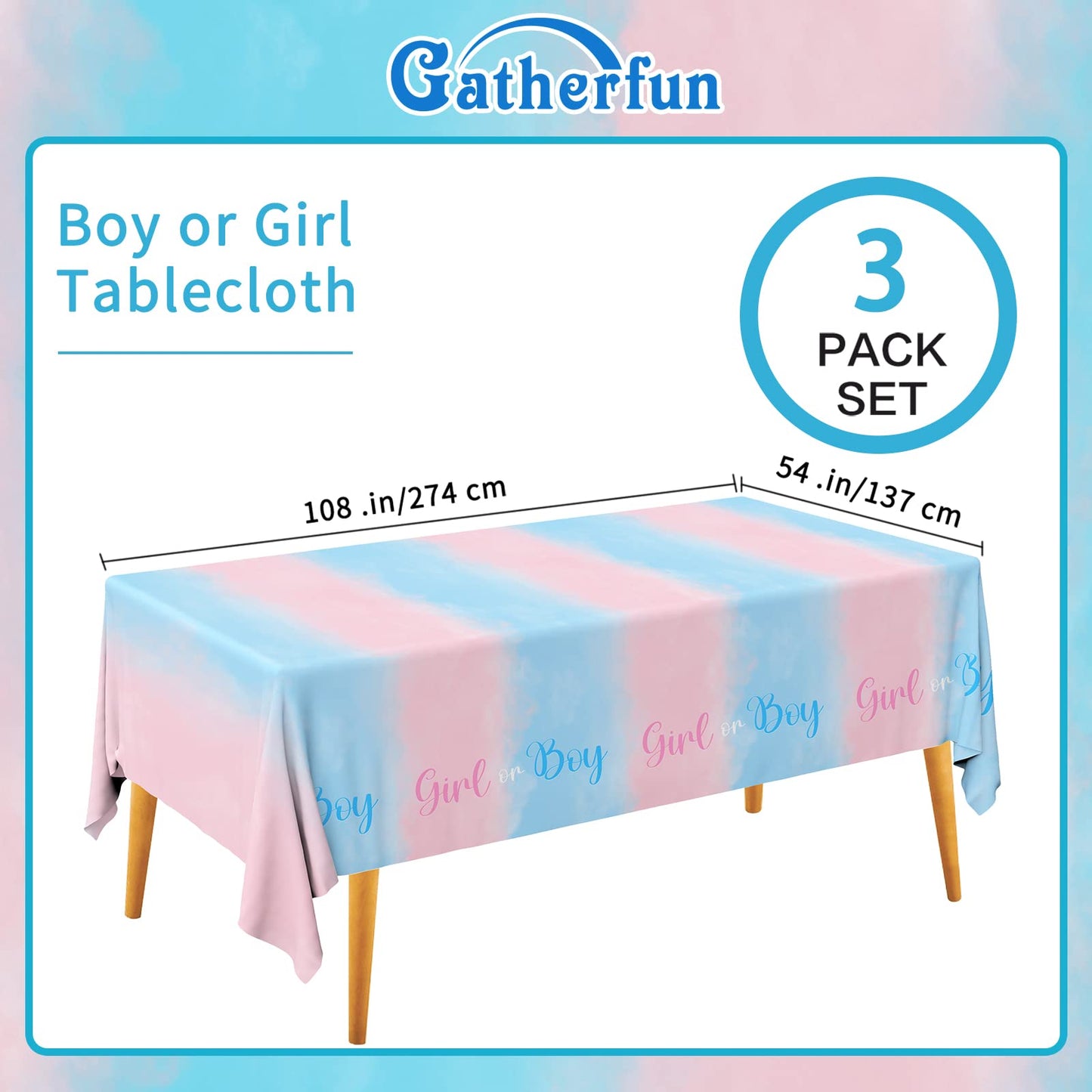 Gatherfun Gender Reveal Party Supplies Disposable Tablecloth Plastic Waterproof Table Cover for Boy or Girl Gender Reveal Party Baby Shower Birthday Decorations, 3 Pack 54X108inch