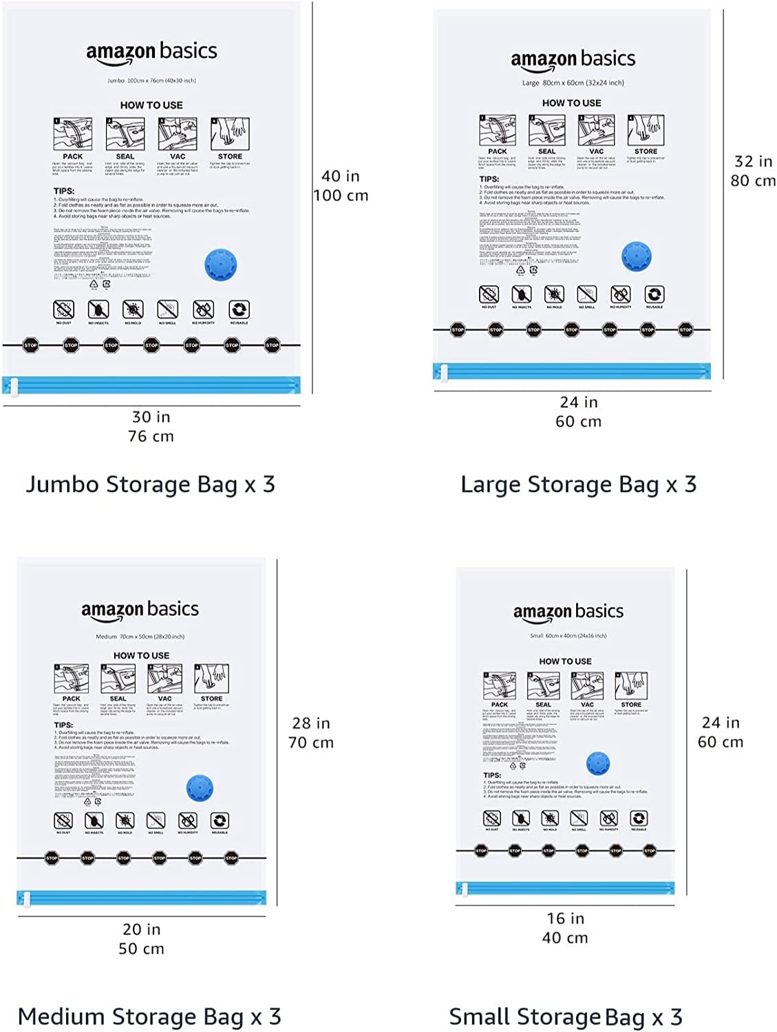 Amazon Basics Vacuum Compression Storage Bags with Hand Pump, Multiple Pack of 12 (3 Jumbo, 3 Large, 3 Medium, 3 Small)