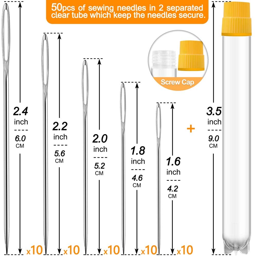 50 Pack Premium Large Eye Needles for Hand Sewing with Needle Threaders, Assorted Sizes, Embroidery Needles for Hand Sewing, Sewing Needles Large Eye, Big Eye Needle