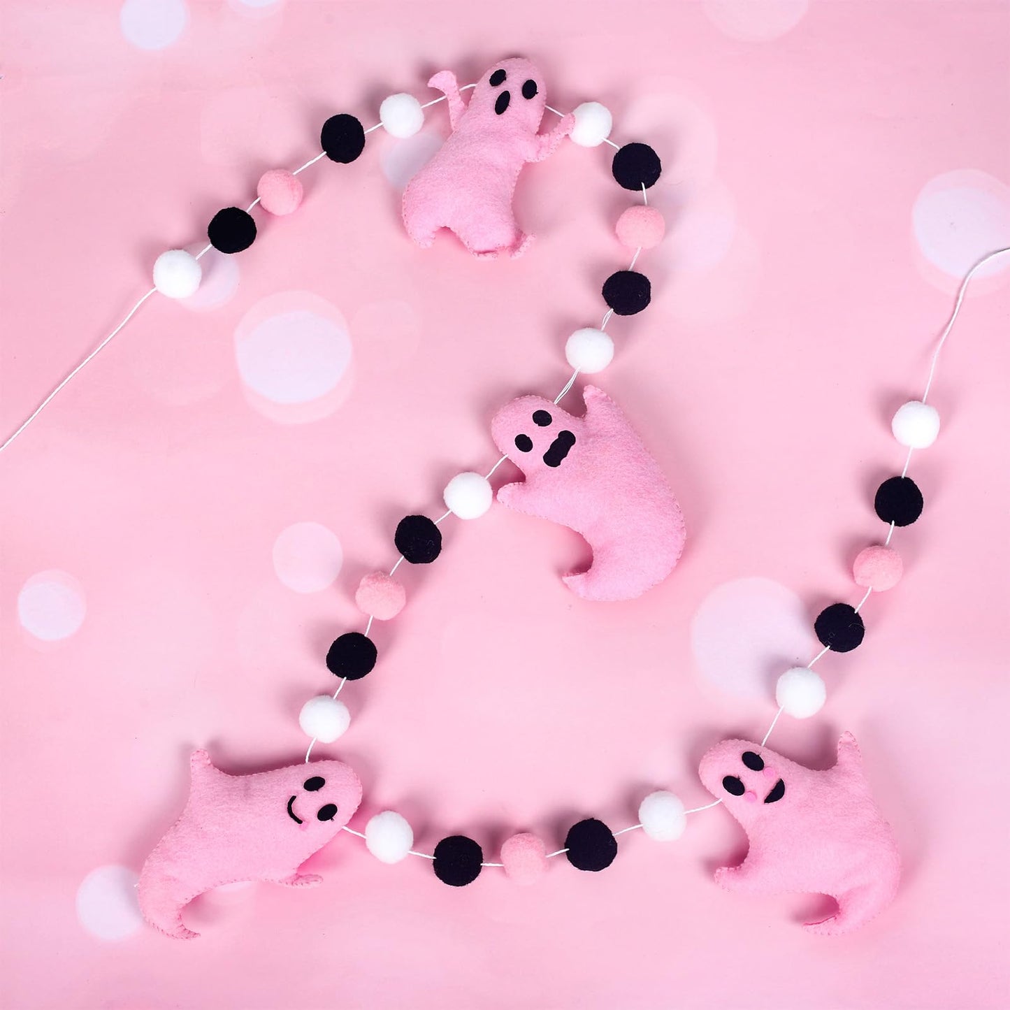 Whaline 6.6Ft Halloween Felt Banner Cute 3D Pink Ghost Hanging Garland Black Pink White Pom Ball Banner for Home Mantel Wall Window Decor Party Supplies