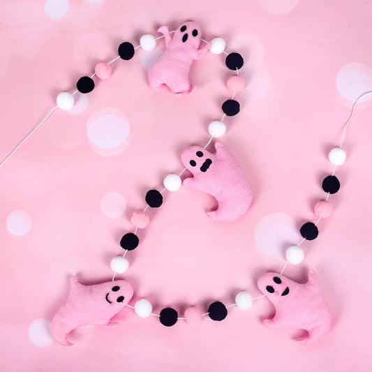 Whaline 6.6Ft Halloween Felt Banner Cute 3D Pink Ghost Hanging Garland Black Pink White Pom Ball Banner for Home Mantel Wall Window Decor Party Supplies