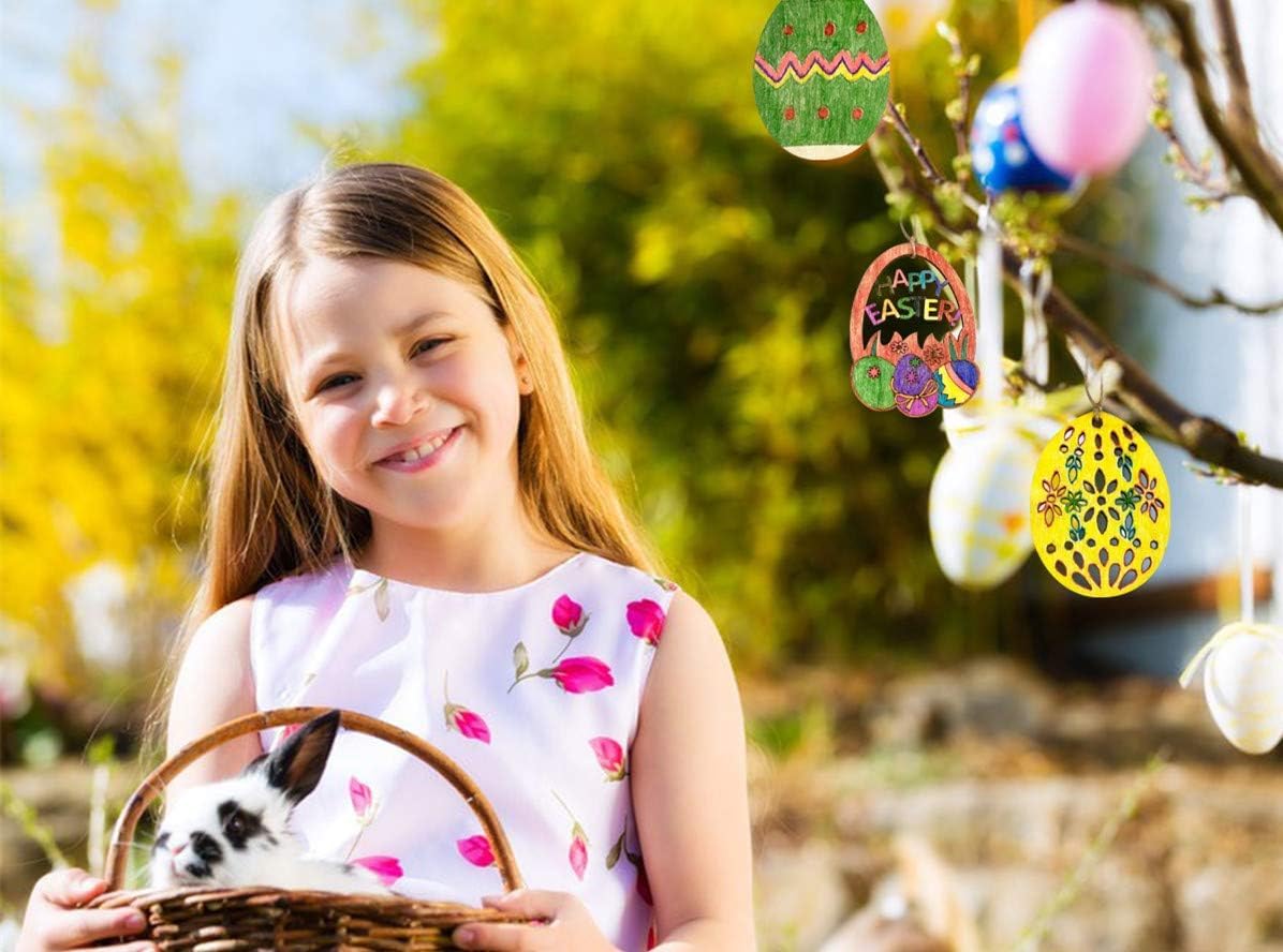 30 PCS Easter Wooden Hanging Ornaments Unfinished Wood Slices Eggs Easter Crafts for Kids DIY Decorations Party Supplies