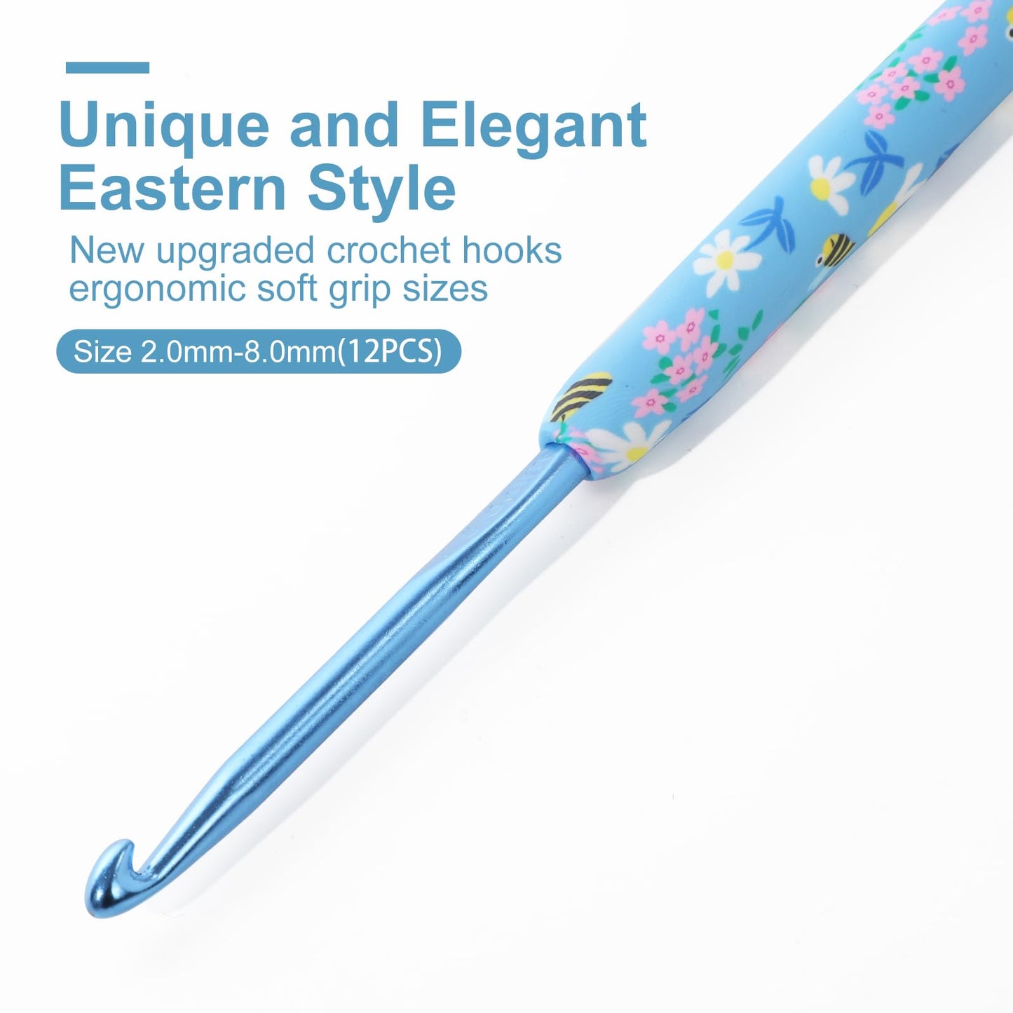 Looen Crochet Hooks Set, 12 Sizes 2.0mm(B)-8.0mm(N) Ergonomic Handle for Arthritic Hands, Soft Rubber Grip Knitting Needles Kit for Crochet Beginners, Knitting Enthusiasts (Sky Blue)