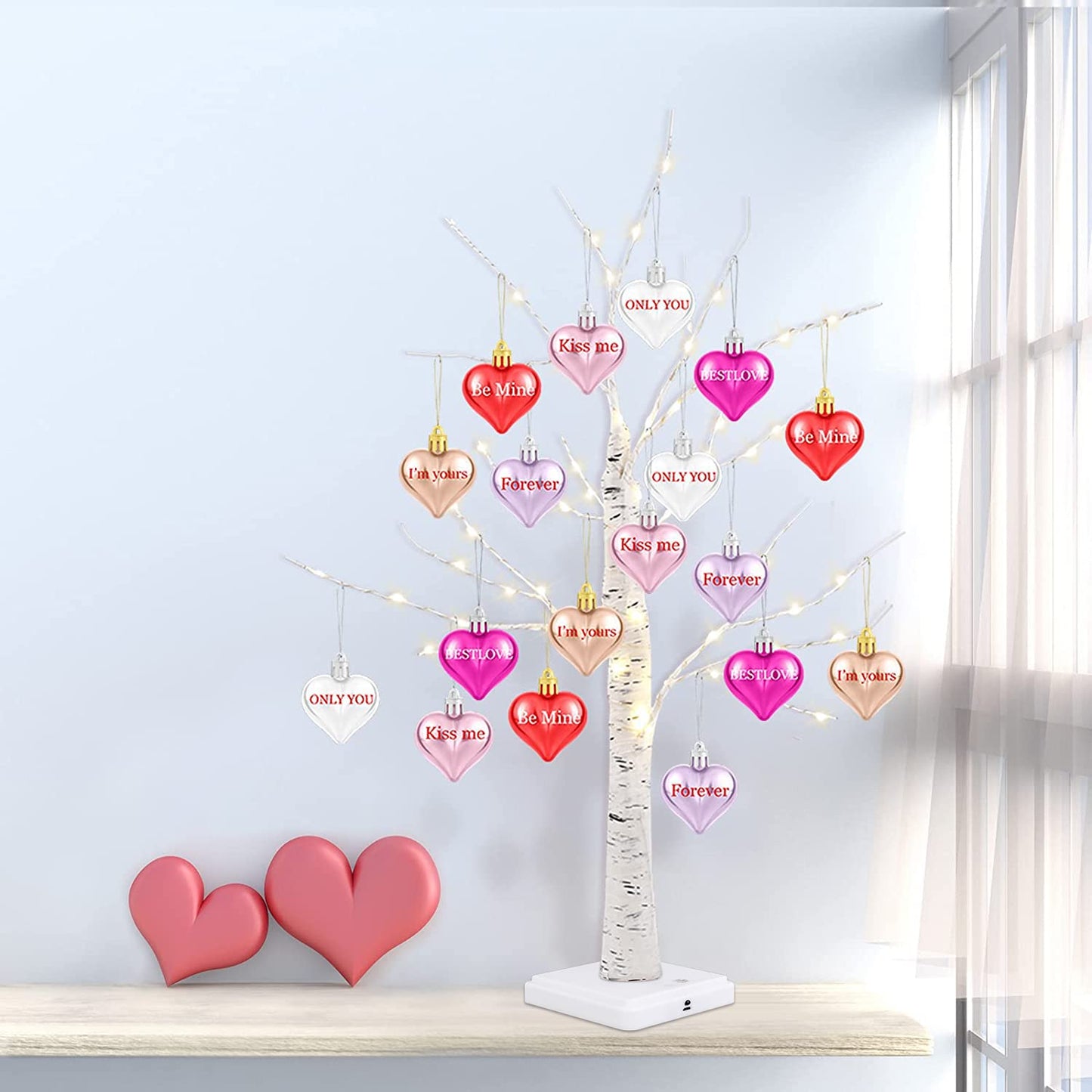 Valentine's Day Tree Decoration with LED Lights 21.7 Inch Tabletop Birch Tree with Timer Battery USB Powered with Valentine's Day Heart Ornaments for Home Valentine Wedding Decor