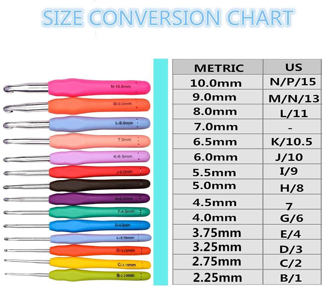 14 Sizes Crochet Hooks Set,2.25mm(B)-10mm(N) Ergonomic Crochet Needles with Case Soft Grip Handles Yarn for Arthritic Hands, Extra Long Crochet Needles Kit