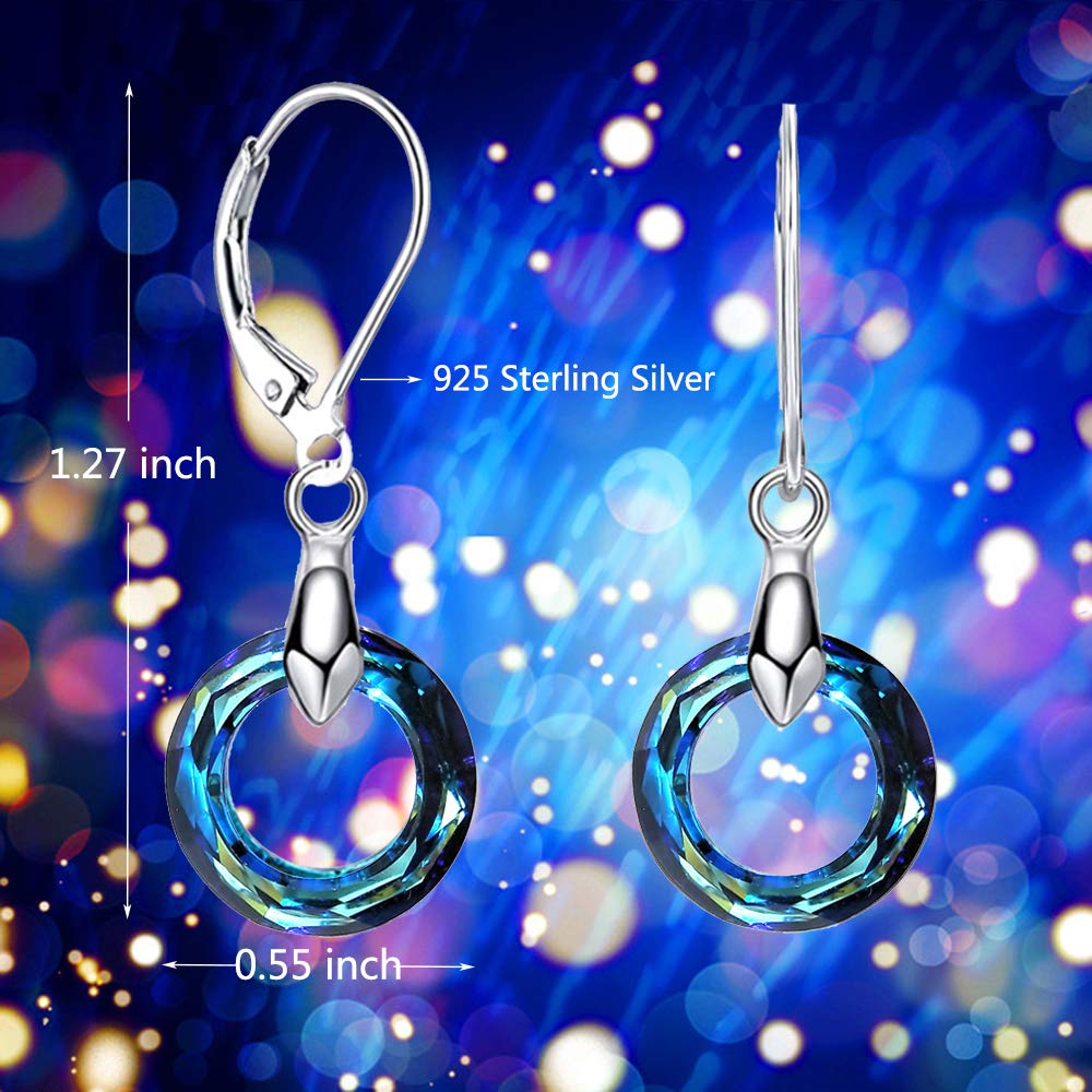 925 Sterling Silver Circle Earrings Austrian Crystal Leverback Earrings Jewelry Dangle Drop Earrings for Women (Bermuda Blue Crystal Earrings)