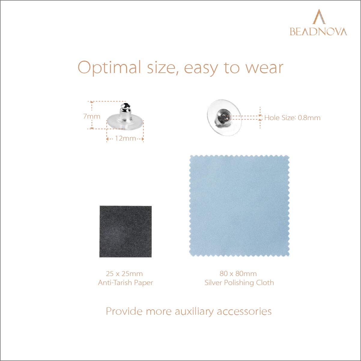 BEADNOVA Earring Backs Replacements Earring Backing Silver Plated Pierced Hypoallergenic Ear Stud Backs Stoppers Safety Bullet Clutch Earstud Backings with Pad for Posts (120pcs)