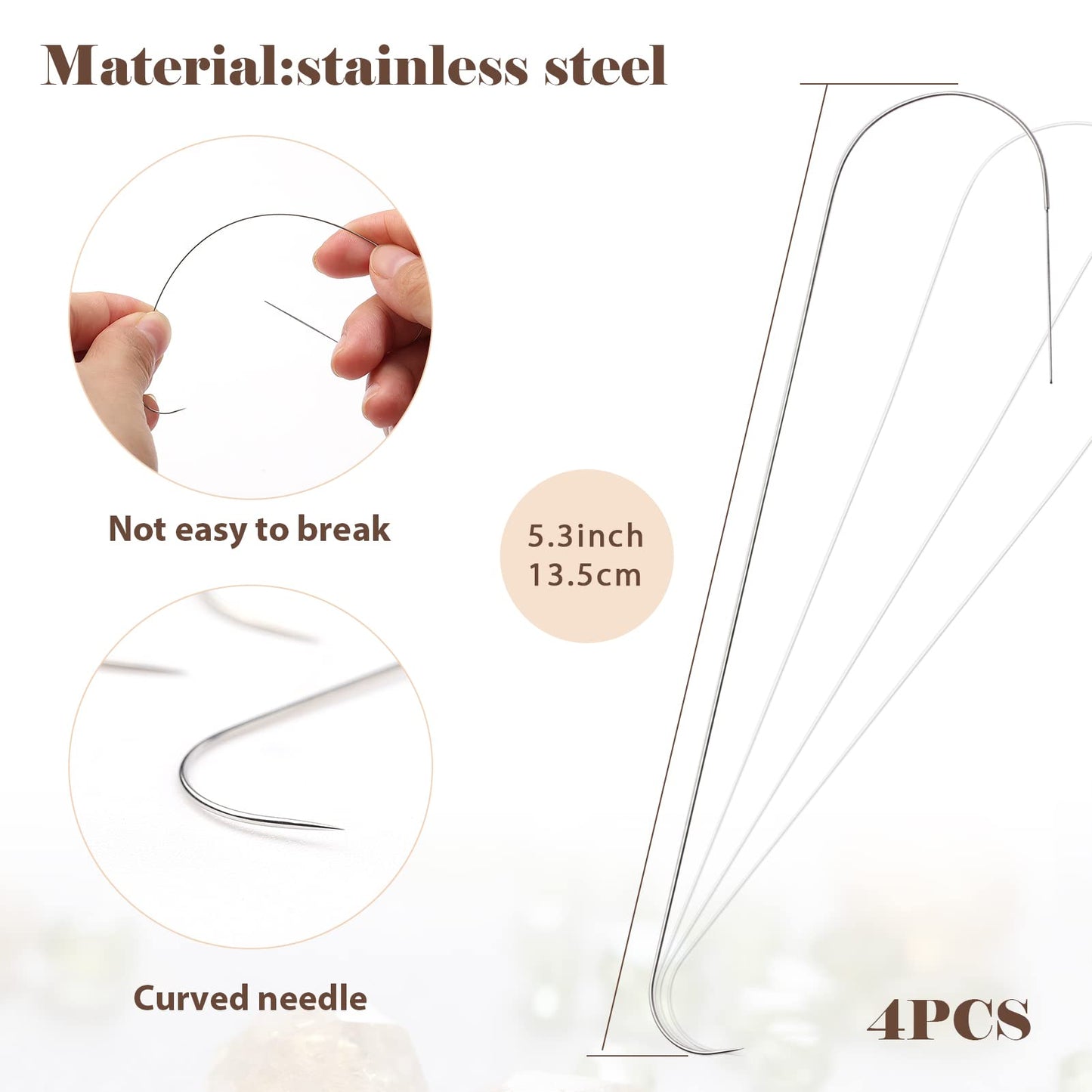 4 Pieces Large Eye Curved Beading Needles with Handle, 5.3 inch Stainless Bead Needle for Bead Spinner Loader, Bead Spinner Needles for String Seed Beads Jewelry Making (Patent Protection)