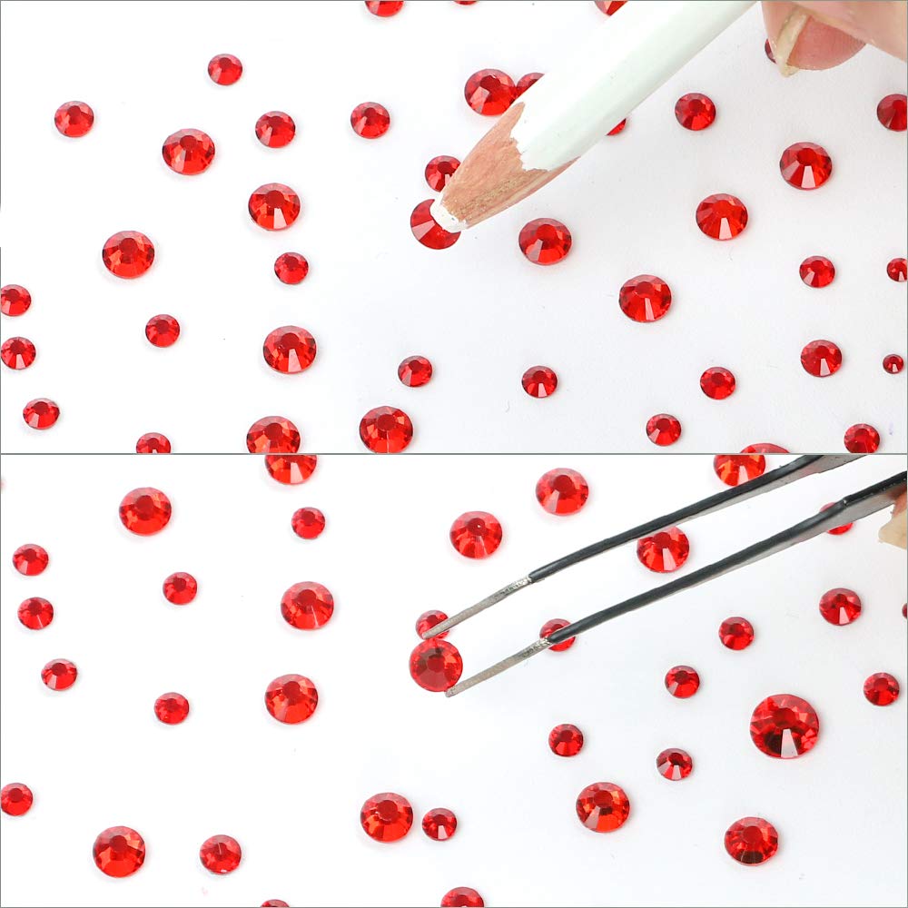 OUTUXED 5040pcs Red Flatback Rhinestones for Crafting, Crystal Round Gems for Nail Art DIY Crafts Clothes Bags, 6 Mixed Size Hotfix Rhinestones with Tweezers and Picking Rhinestones Pen