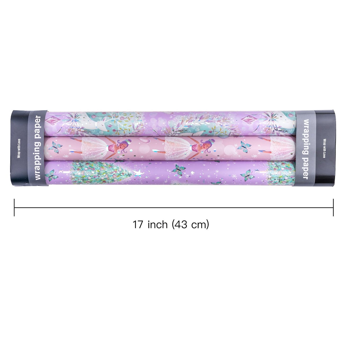 Christmas Wrapping Paper Roll - Mini Roll - 3 Rolls - 17 Inch x 120 Inch Per Roll - Girls Christmas Wrapping Paper - Pastel Purple Holiday Design with Metallic Foil Shine