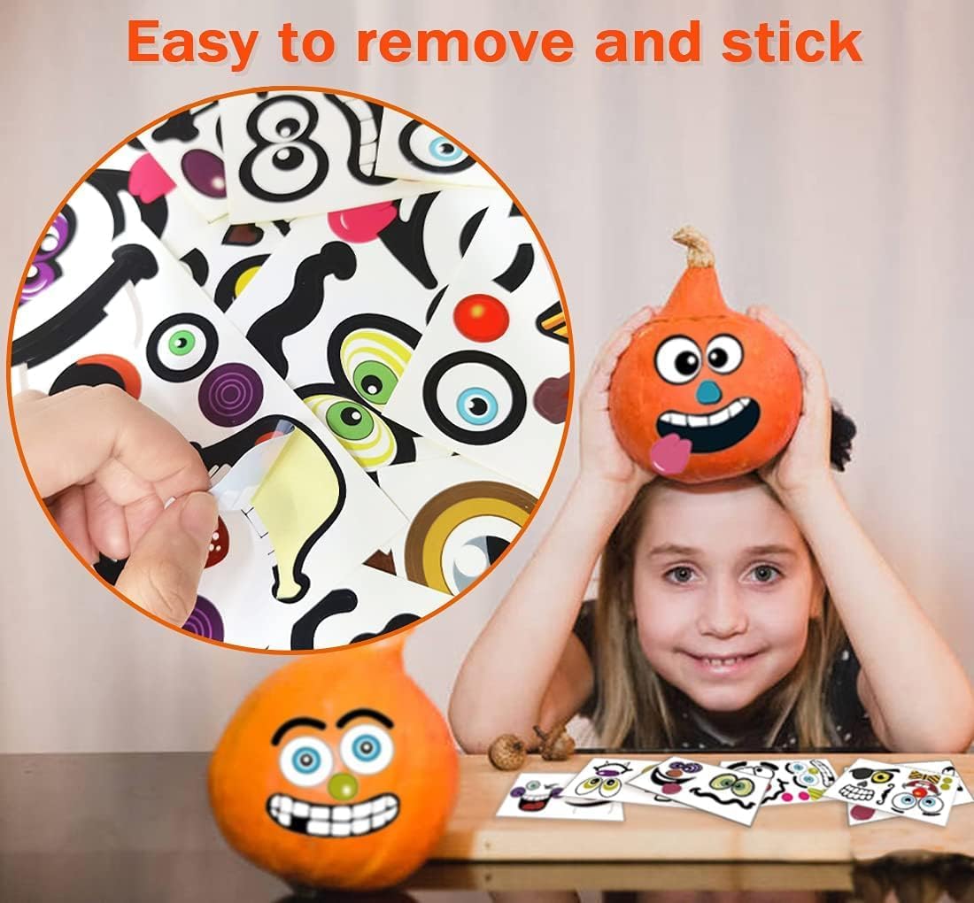 36 Pack Halloween Pumpkin Decorating Stickers Mini Make 36 Small Pumpkin Face Stickers for Halloween Kids Toddlers Party Favors Treats Sticker Gifts 18 Sheets, Pumpkins not Included