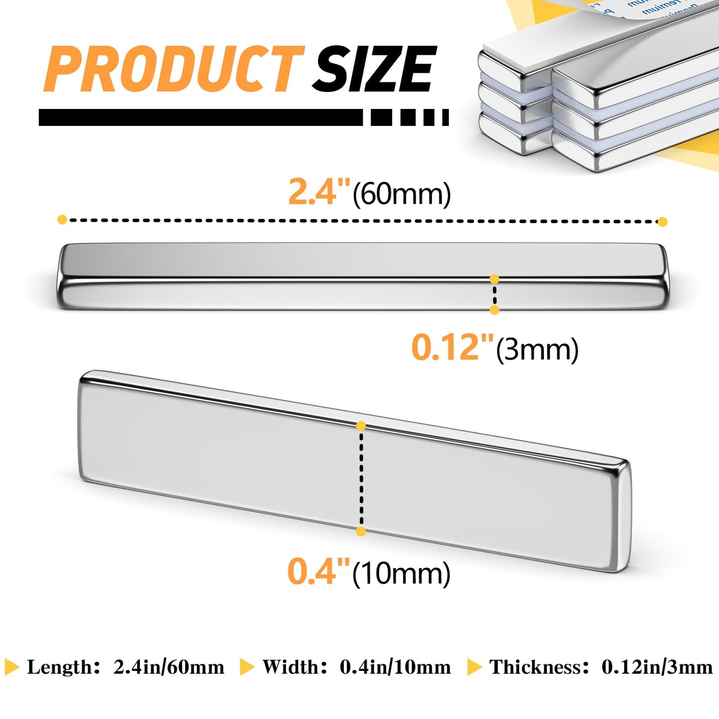 FINDMAG Neodymium Magnet, 6 Pack Bar Magnets Strong Heavy Duty Magnets with Adhesive Backing, Magnetic Strip Rare Earth Magnet for Crafts, Refrigerator, Door, Science- 60 x 10 x 3 mm, Silver