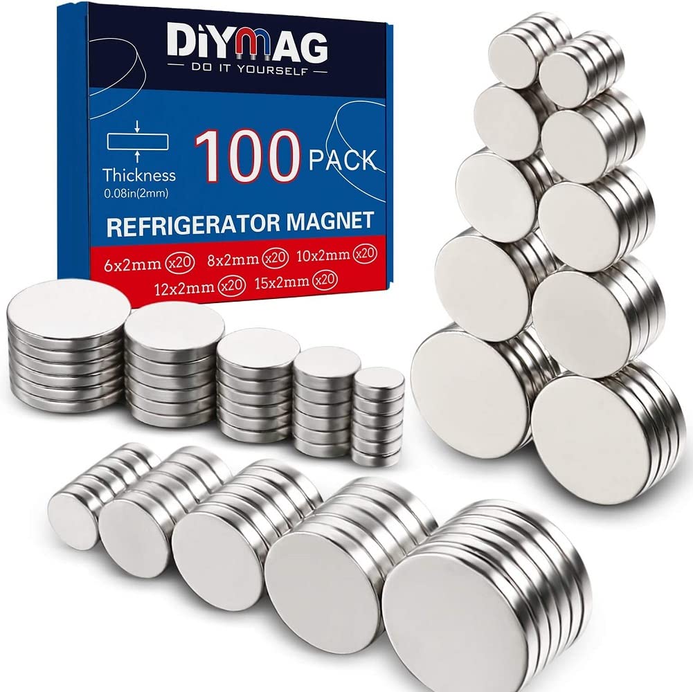 DIYMAG 100Pcs 5 Different Sizes Small Refrigerator Magnets, Tiny Round Disc Fridge Magnets for Office, Hobbies, Crafts, Whiteboard, Dry Erase Board and Push Pins