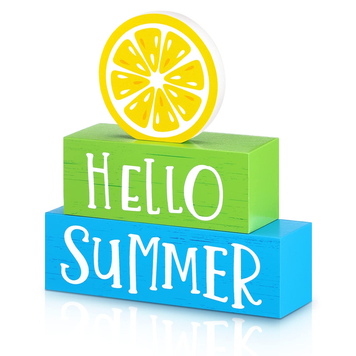 3 Pieces Summer Wooden Block Decor for Home Lemon Wooden Tiered Tray Block Decor Rustic Hello Summer Sign for Living Mantle Kitchen Table Party Decoration
