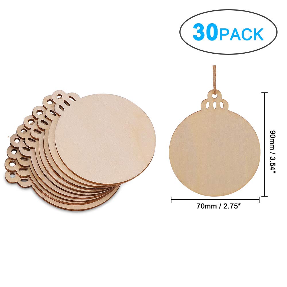 30 Pcs Unfinished Paintable Blank Wooden Christmas Festival Decoration Ornaments, Xmas Tree Hanging Wood Slices for Kids DIY Art Crafts
