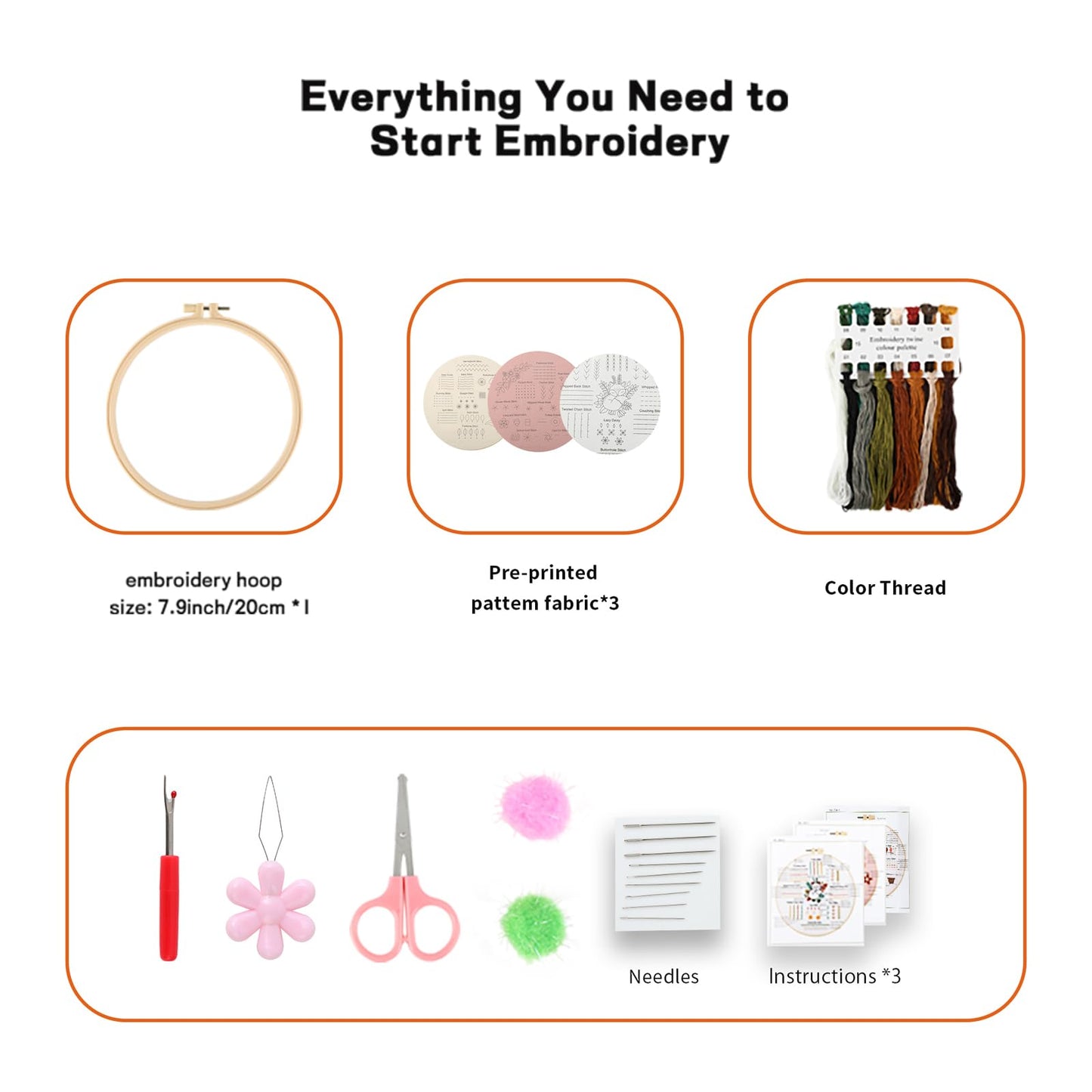 Beginner Embroidery Kit for Adults, 3 Pack Cross Stitch Kits with Pre-Printed Patterns, Threads, Needles, Learn Stitches with 7.8" Hoop, Video Tutorial, DIY Needlework Craft Gift for Women