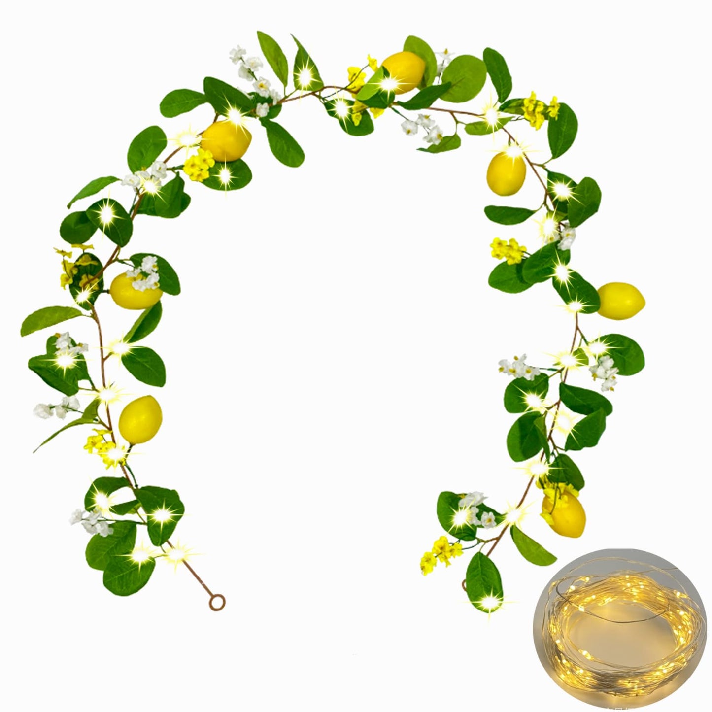 Hamifinee Artificial Lemon Garland with Fairy Lights Spring Summer Greenery Lemon Vine Plant Vivid Fruit Dense White and Yellow Flowers Hanging Wreath for Home Garden Wedding Party Christmas Décor