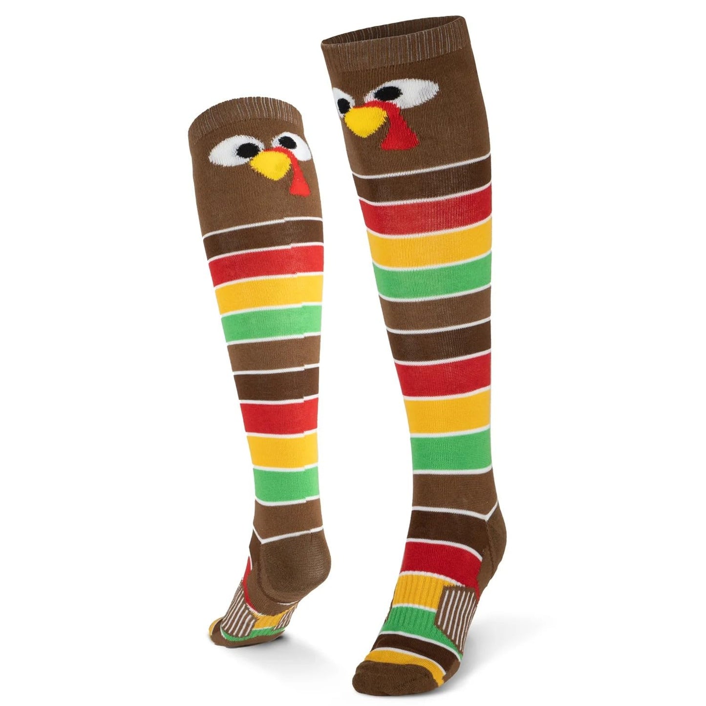 Holiday Woven Knee-High Socks - Thanksgiving Goofy Turkey With Stripes - Large