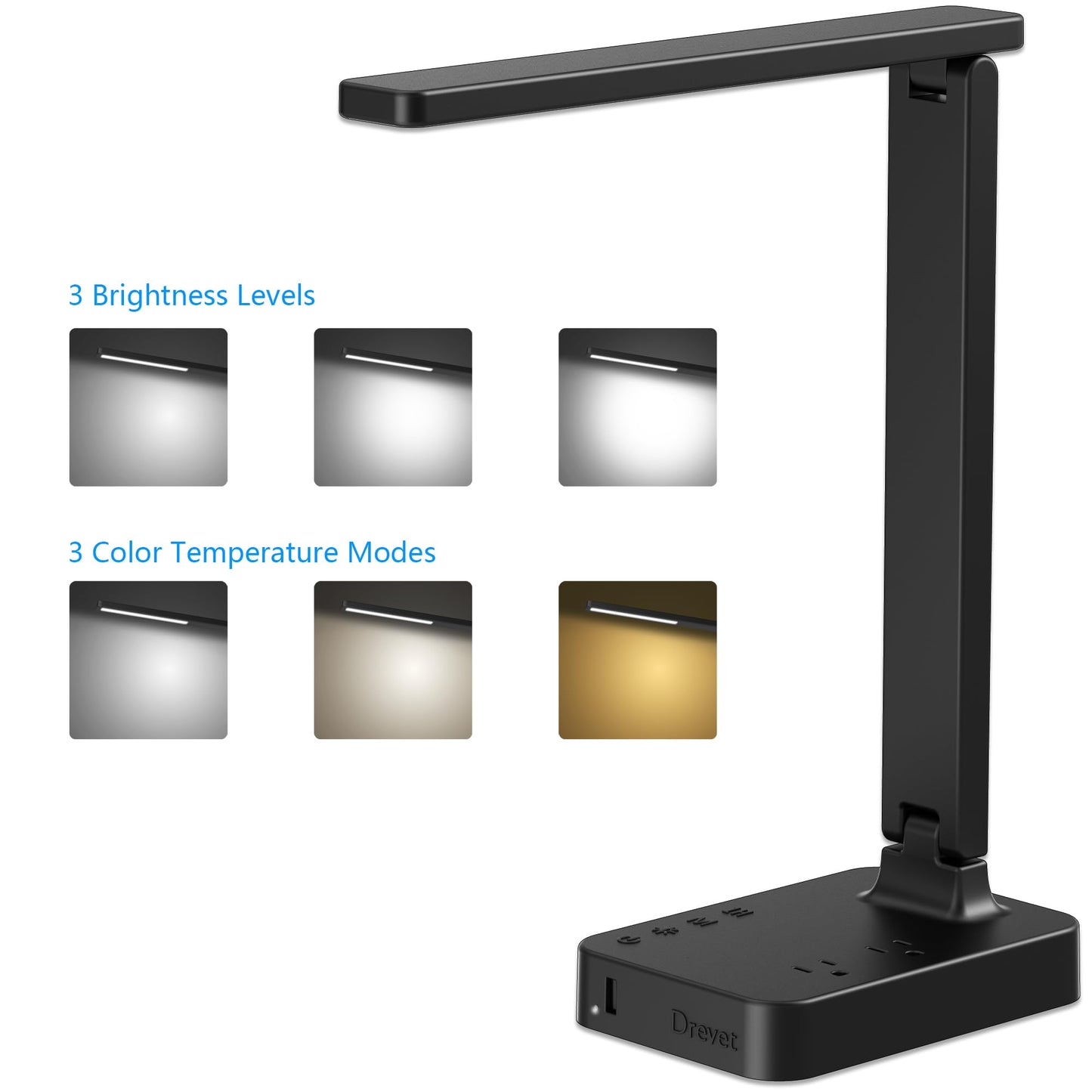 Drevet LED Desk Lamp for College Dorm Room, Desk Light with 1 USB Charging Port 2 AC Power Outlet, 3 Lighting Modes, 3 Level Brightness Touch Lamp, Eye-Caring Home Office Foldable Table Lamp
