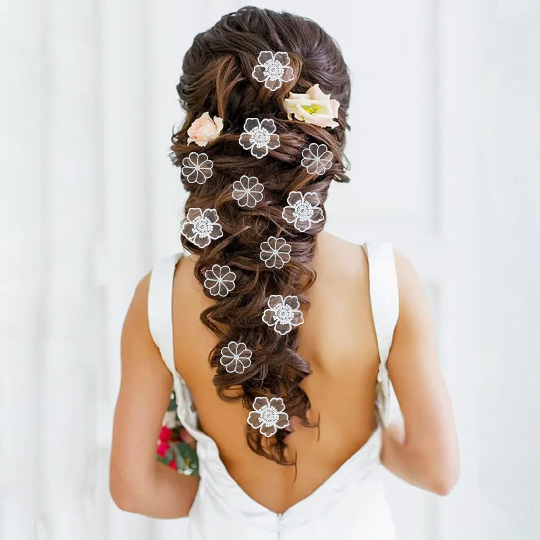 30 PCS Lace Flowers Applique Embroidery Flowers Leaf Sew Iron On Patch, Organza Patches Flowers Applique for Wedding Bridal Dress Sewing Craft DIY Clothes Hair Ornaments (White)