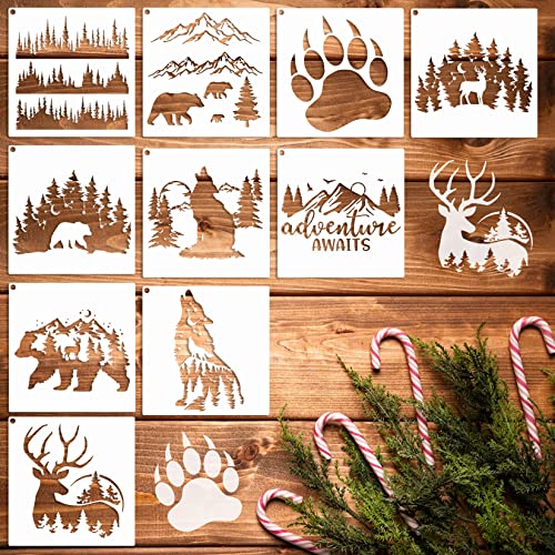 10 PCS Bear Deer Wolf Mountain Stencil Pine Tree Wildlife Forest Animal Stencils Template Wood Burning Stencils Reusable Patterns Moon Claw Stencils for Painting on Wood Crafts Wall (forest animal 1)
