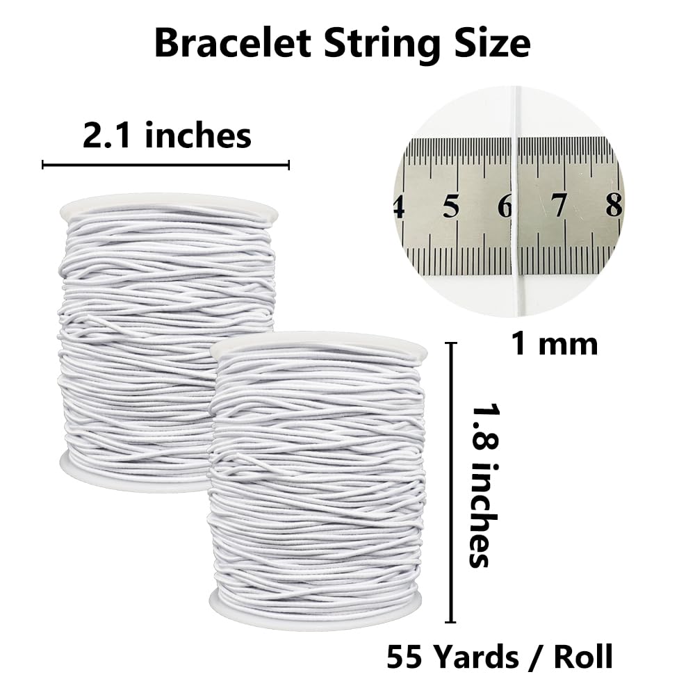 Stretchy String for Bracelets, 2 Rolls 1 mm Sturdy Elastic String Elastic Cord for Jewelry Making, Necklaces, Beading (White)
