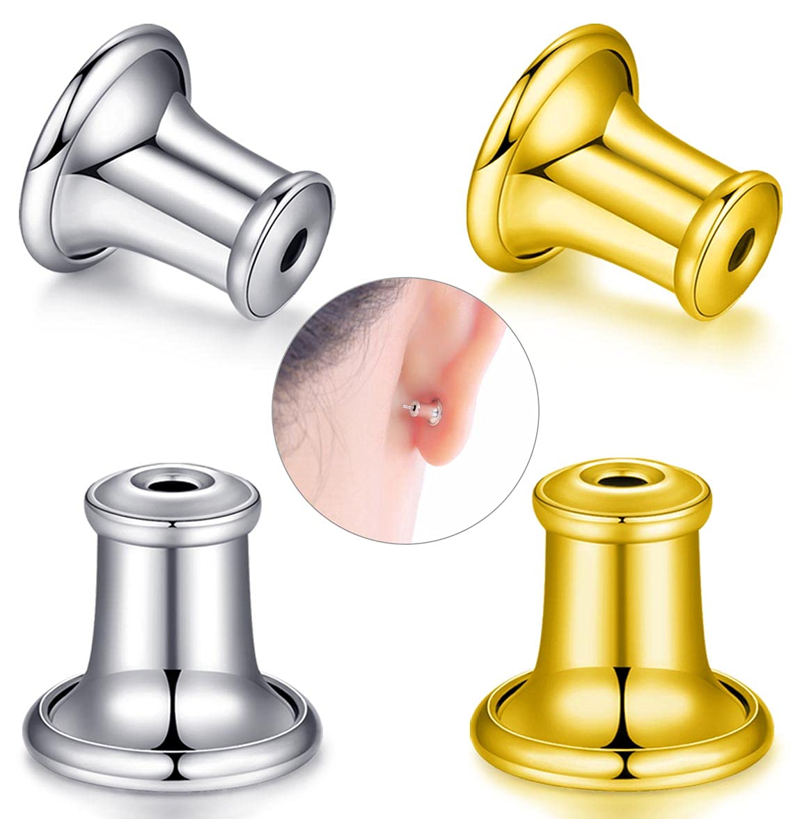 Catinee Sterling Silver & 14K Gold Plated Bullet Earring Backs for Studs - Hypoallergenic, Secure Locking