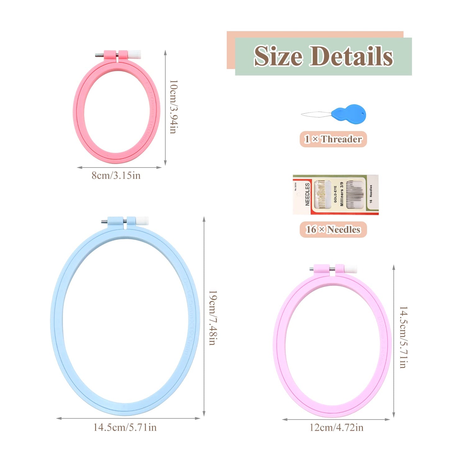 3 Pcs 3 Size Oval Embroidery Hoops, ABS Plastic Embroidery Hoops Cross Stitch Hoops Embroidery Frames for Sewing, Needlework, Embroidery Projects (Size-7.5", 5.7",3.9")
