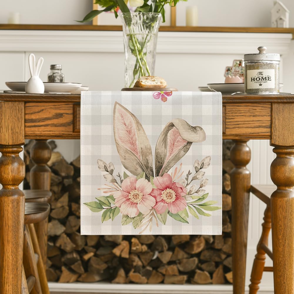 Artoid Mode Buffalo Plaid Bunny Rabbit Ears Flower Easter Table Runner, Spring Summer Seasonal Holiday Kitchen Dining Table Decoration for Indoor Outdoor Home Party Decor 13 x 60 Inch