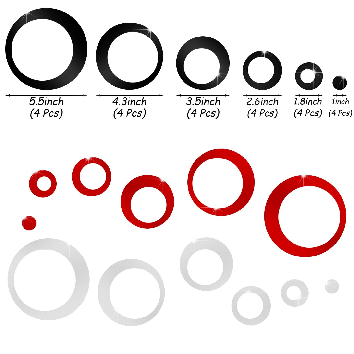 Outus 72 Pieces Wall Stickers Acrylic Circle Mirror Removable Round Dots Mirror Wall Decoration Wall Decals Murals for Home Living Room Bedroom Decor(Silver, Red, Black)