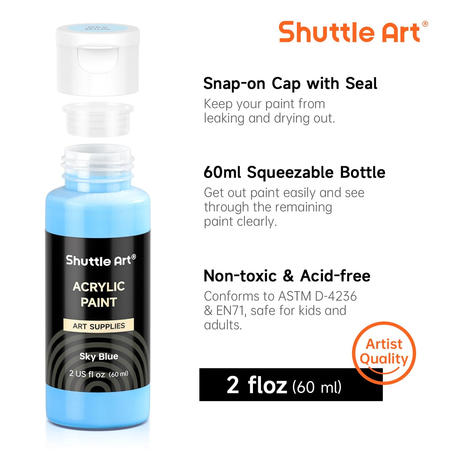 72 Pack Acrylic Paint Set, Shuttle Art 60 Colors Acrylic Paint Including Extra White Black & 12 Brushes, 2oz/60ml, Rich Pigmented, Water Proof, Ideal for Artists, Beginners on Canvas Rock Wood Ceramic