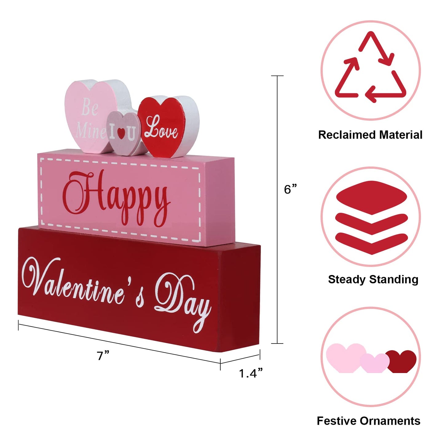 Valentines Day Decor, 3-Layered Pink Red Heart Wood Block Set Valentines Day Decoration, Happy Valentine's Day Sign Valentines Day Decorations for The Home, Living Room, Mantle, Dining Table