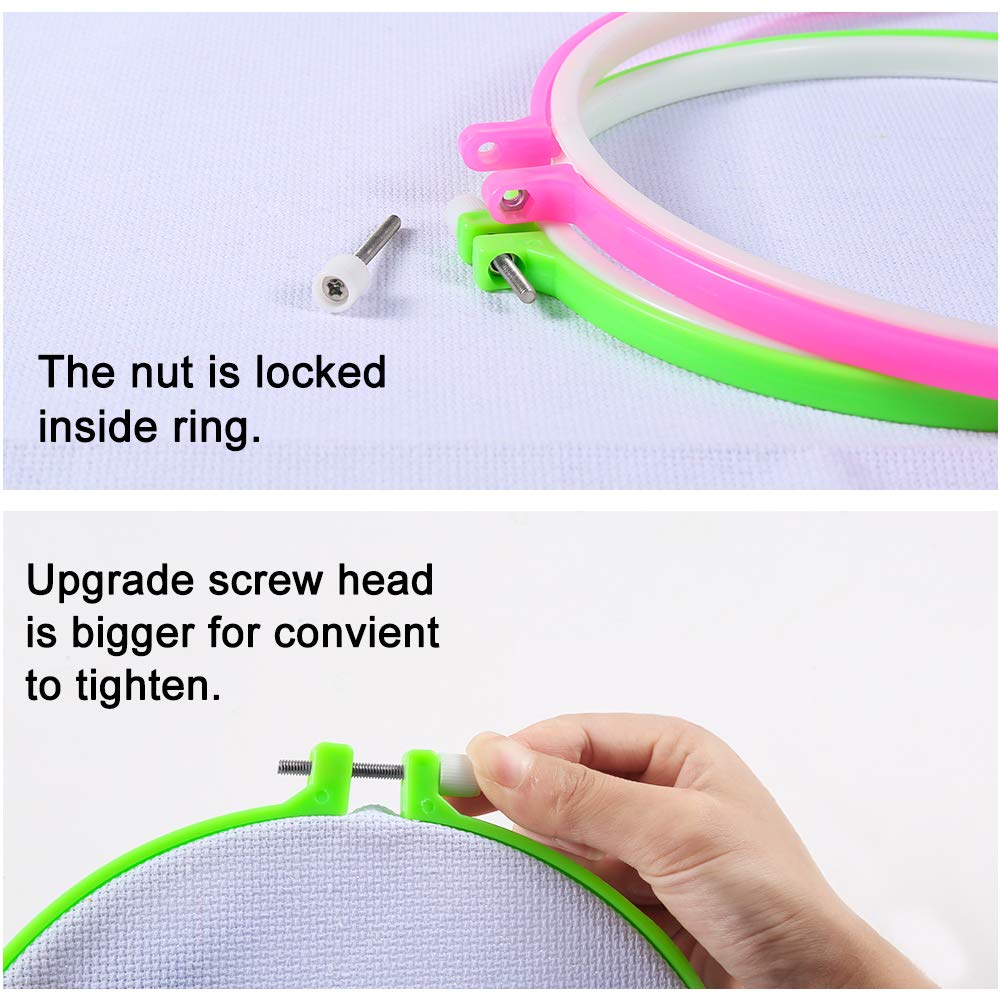 Caydo 6 Pieces Embroidery Hoops and 15 Needles, Plastic Circle Cross Stitch Hoop Ring Embroidery Circle Set, 3.4 inch to 10.4 inch (Multicolor)