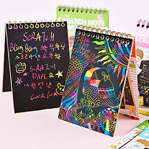 16 Pack Drawing Notebook Set, Scratch Art Paper Rainbow Mini Notes, Sketch Drawing Pad for Kids Party Favors（with 16 Wooden Stylus & 4 Drawing Stencils）
