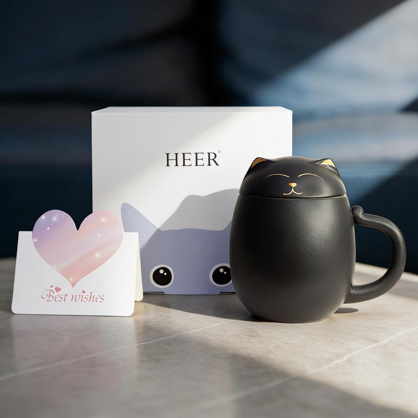 Black Cat Tea Cup with Infuser and Lid, Cute Tea Mug with Strainer for Steeping Loose Leaf, Ceramic Teacup Birthday Christmas Cat Lover Gifts for Women, Men, Mom, Sisters, besties. (Black)