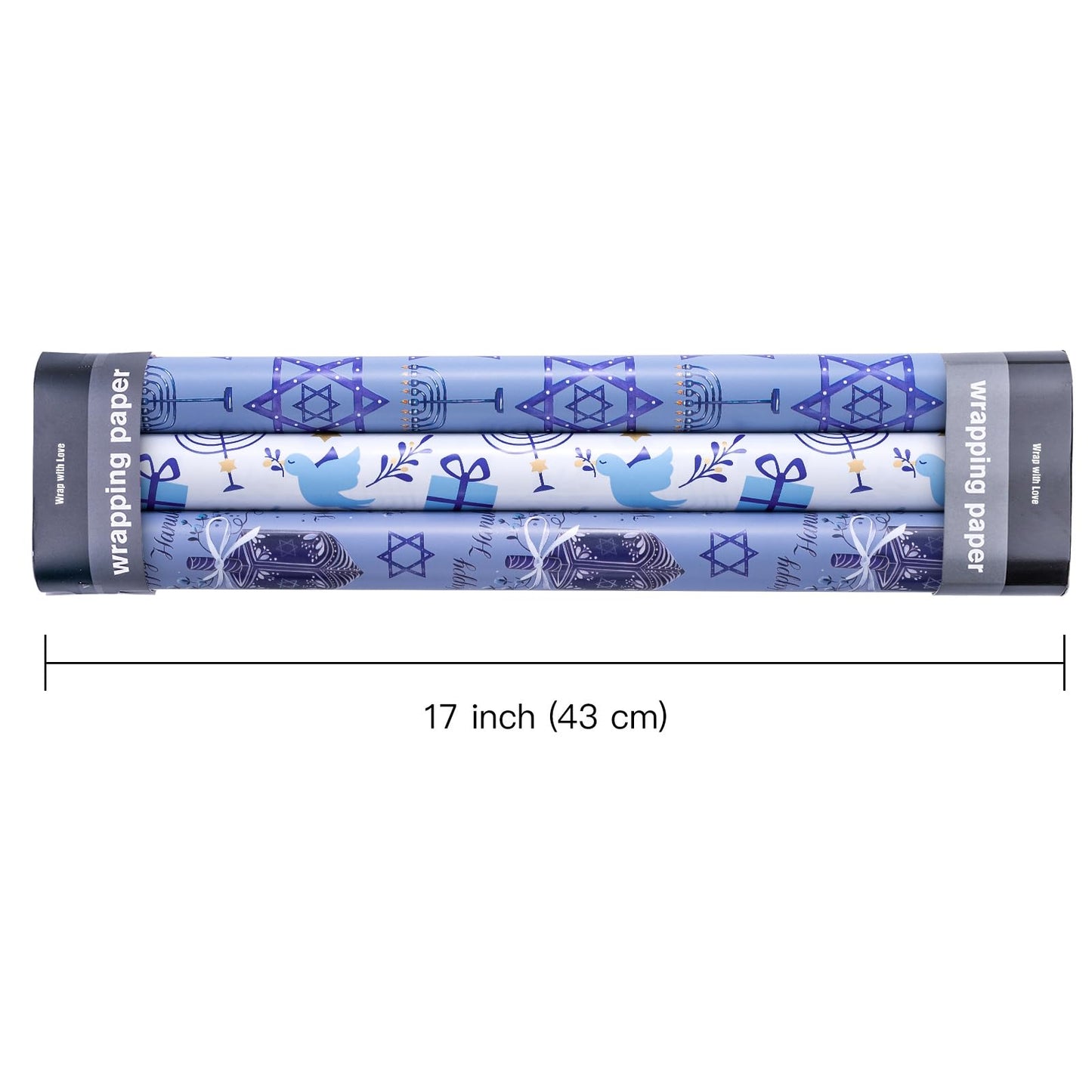 Hanukkah Wrapping Paper Roll - Mini Roll - 3 Rolls - 17 Inch x 120 Inch Per Roll - Menorah Lights, the Star of David and Dreidels Design