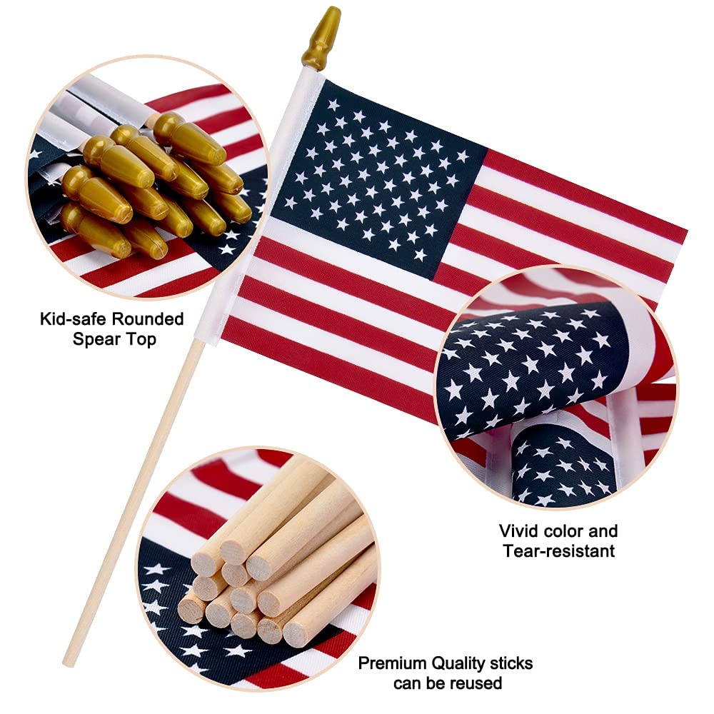 12 Pack Small American Flags on Stick Small US Flags/Mini American Flags for Outside 8x12 Inch American Hand Held Stick Flags with Kid-Safe Spear Top, Patriotic Veterans Day Decorations, 4th of July Decorations