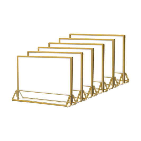 NIUBEE 6Pack 6 x 4 Horizontal Clear Acrylic Sign Holder with Gold Borders, Double Sided Table Menu Stands Picture Frames for Wedding Table Numbers, Restaurant Signs, Photos and Art Display